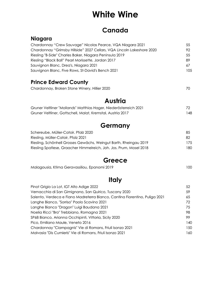 Wine & Cocktail List
