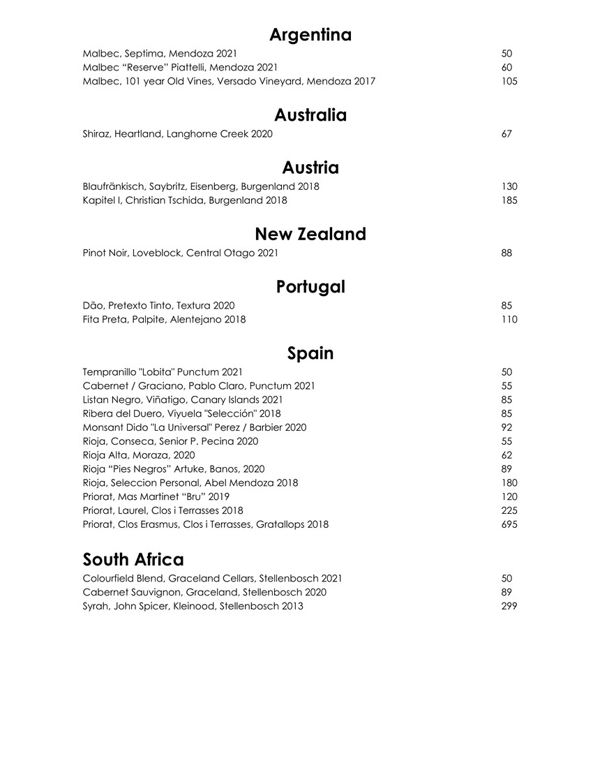 Wine & Cocktail List