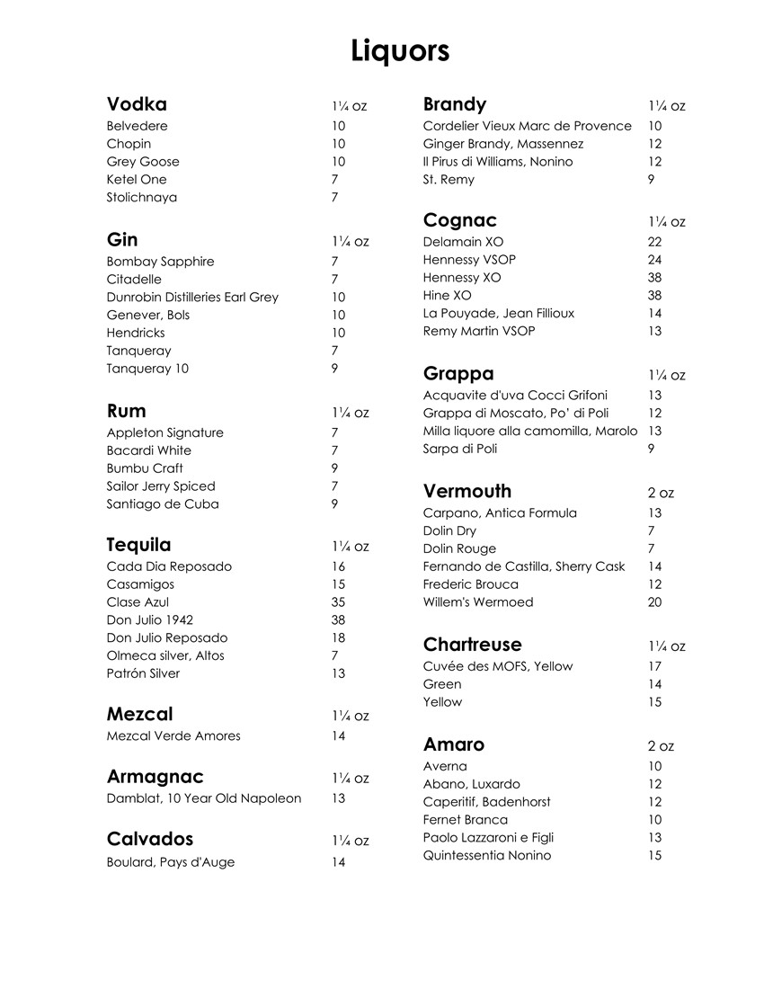 Wine & Cocktail List
