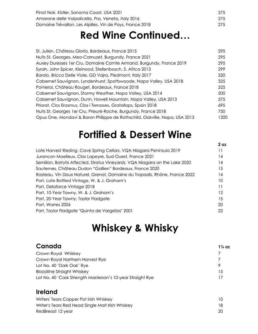 Wine & Cocktail List